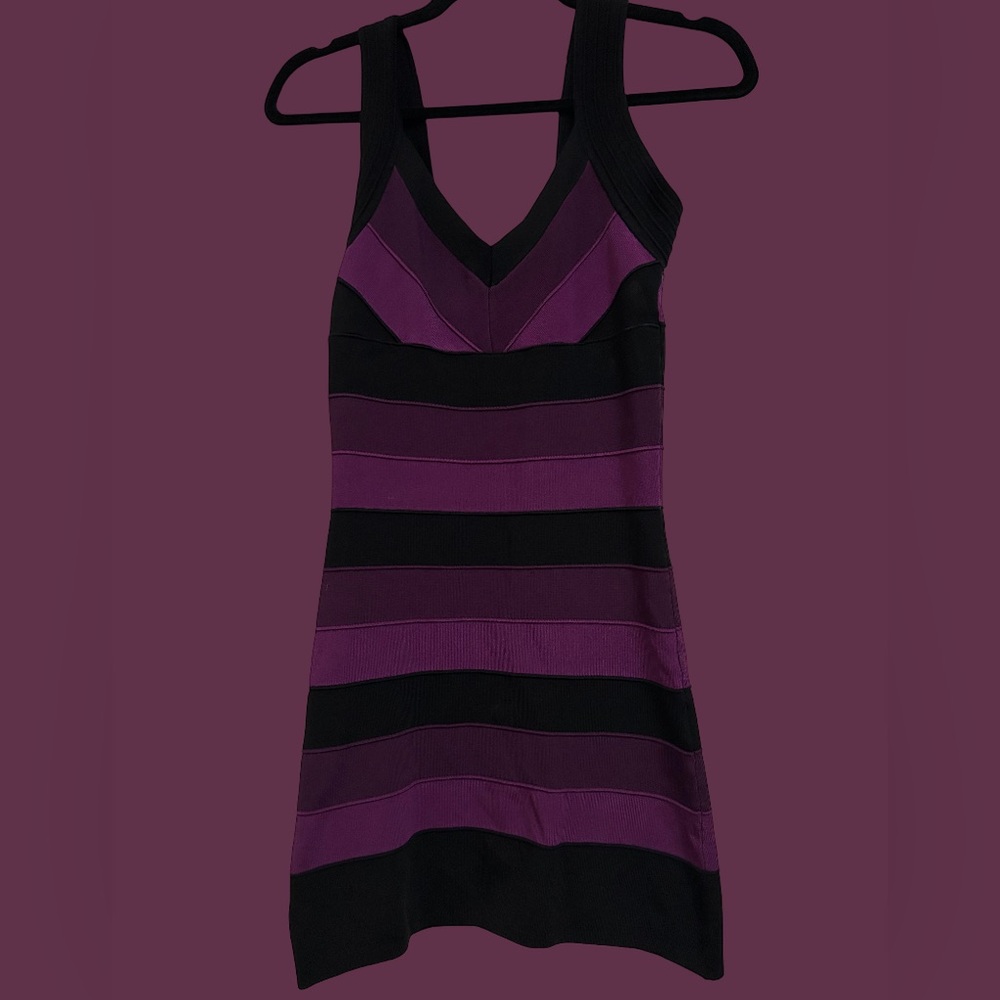 Small Le Chateau purple and black stretchy bandage dress above the knee dress